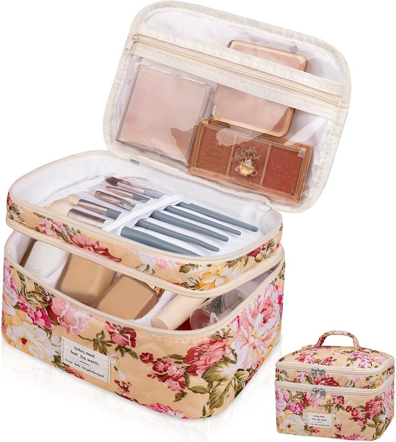 Gosect Makeup bag, Large Cosmetic Bag for Women Girls, Cute Quilted Makeup Bags, Floral Coquette Aesthetic Toiletry Bag, Travel Make Up Organizer Bag (Pink Flowers) - Image 1